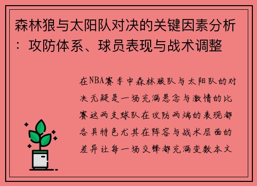 森林狼与太阳队对决的关键因素分析：攻防体系、球员表现与战术调整
